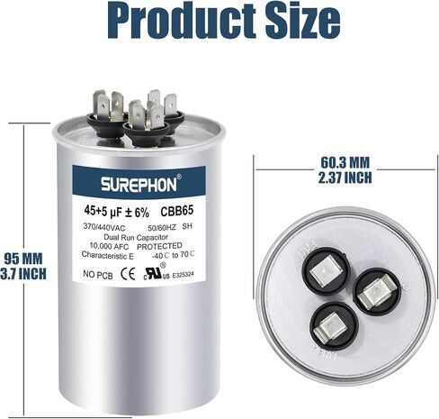 مكثف تشغيل SUREPHON CBB65 للتيار المتردد 45/5 فائق التوهج 45+5 MFD مزدوج 370-440 فولت، يعمل في أنظمة التدفئة والتهوية وتكييف الهواء، ومكيفات الهواء، والمضخات الحرارية in Kuwait