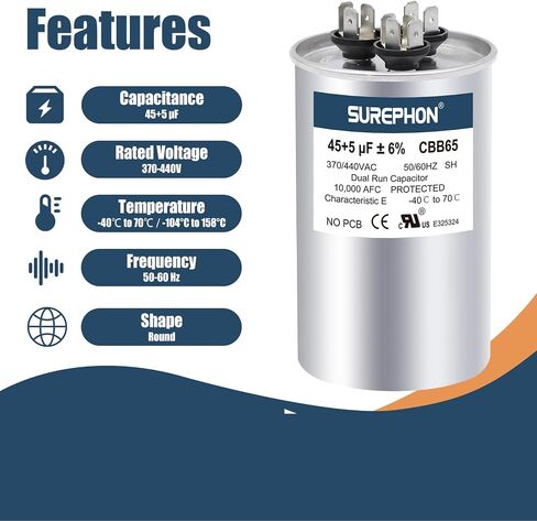 مكثف تشغيل SUREPHON CBB65 للتيار المتردد 45/5 فائق التوهج 45+5 MFD مزدوج 370-440 فولت، يعمل في أنظمة التدفئة والتهوية وتكييف الهواء، ومكيفات الهواء، والمضخات الحرارية in Kuwait