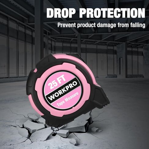 شريط قياس WORKPRO بطول 25 قدم، شريط قياس سهل القراءة بنسبة 1/8 جزء، دقة شريط قياس طلاء النايلون القابل للسحب 1/32، خطاف مغناطيسي، مشبك حزام، غلاف واقي مطاطي in Kuwait