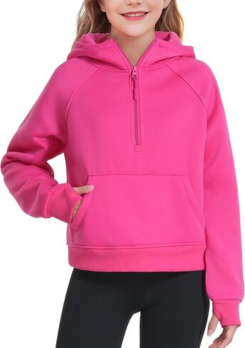 KEREDA كنزات بغطاء للرأس مبطنة بالصوف للفتيات بلوفر بنصف سحاب وأكمام طويلة وياقة مقصوصة 5-14 سنة in Kuwait