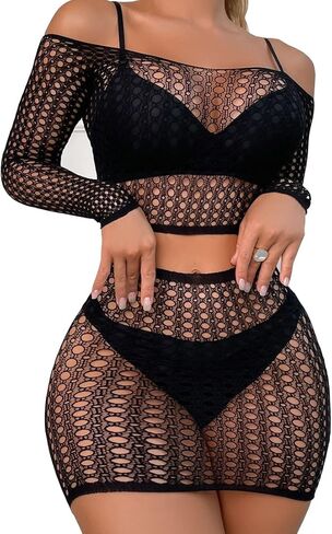 XIUSEMY Women Lingerie Set Sexy Bodysuit Two Piece Babydoll Fishnet Nightwear (Black S6, One Size) in Kuwait