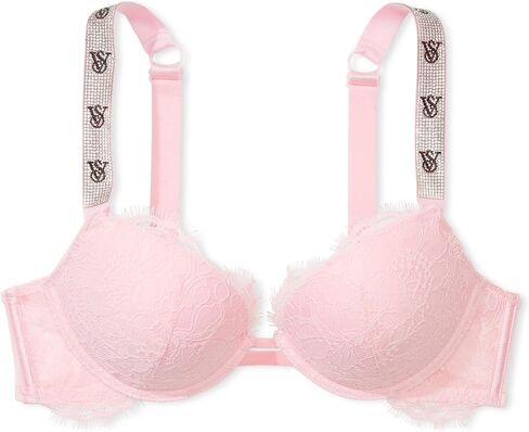 Victoria's Secret Shine Strap Push Up Bra, Adds One Cup Size, Padded, Plunge Neckline, Lace, Bras for Women, Very Sexy Collection, Black Monogram (34DDD) in Saudi Arabia