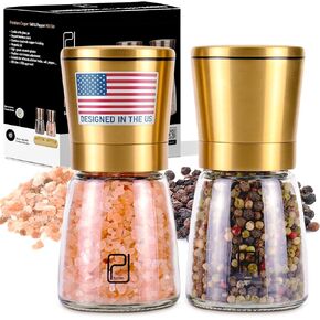 Grinder Set - Golden Salt and Pepper Shaker Mill - Brass Pepper Grinders Refillable - Adjustable Coarseness - Sea Salt, Black Peppercorn