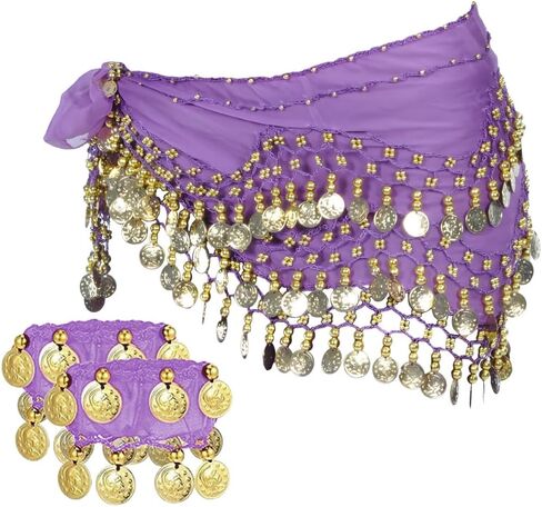 Women's Belly Dance Hip Scarves Wave Wrap Skirts with 128 Gold Coins Chiffon Belly Dance Coin Belt with Bracelets in Kuwait