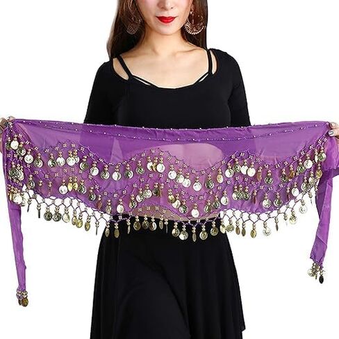 Women's Belly Dance Hip Scarves Wave Wrap Skirts with 128 Gold Coins Chiffon Belly Dance Coin Belt with Bracelets in Kuwait
