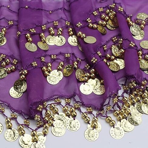Women's Belly Dance Hip Scarves Wave Wrap Skirts with 128 Gold Coins Chiffon Belly Dance Coin Belt with Bracelets in Kuwait