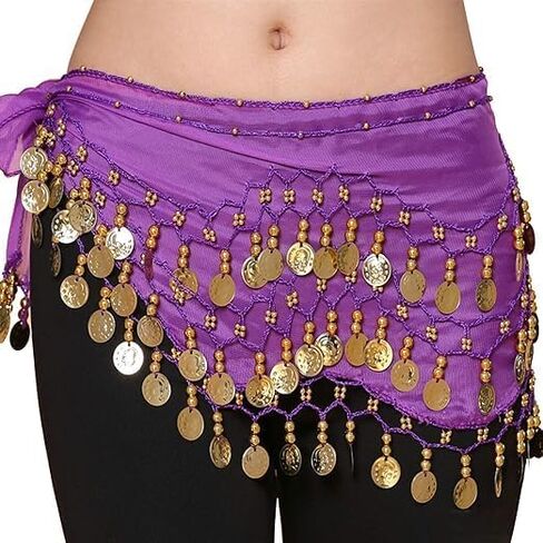 Women's Belly Dance Hip Scarves Wave Wrap Skirts with 128 Gold Coins Chiffon Belly Dance Coin Belt with Bracelets in Kuwait