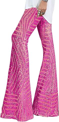 BLENCOT Women's Sequin Palazzo Pants Glitter Wide Leg High Waist Bell Bottoms Night Club Flared Trousers Black 2XL in Kuwait