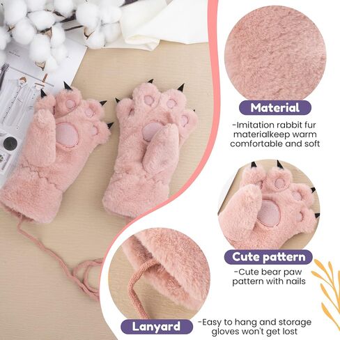 Kids Winter Gloves Cartoon Plush Paw Mittens Keep Warm Glove with Neck Rope Girls Boys Cosplay Costume Gloves in Saudi Arabia