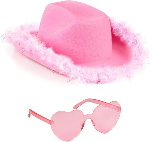Funcredible St Patrick's Day Cowgirl Hat with Glasses - Halloween Cowboy Hat with Feathers - Cow Girl Costume Accessories - Fun Bride Western Rodeo Party Hats and Goggles for Women, Girls, and Kids in Saudi Arabia