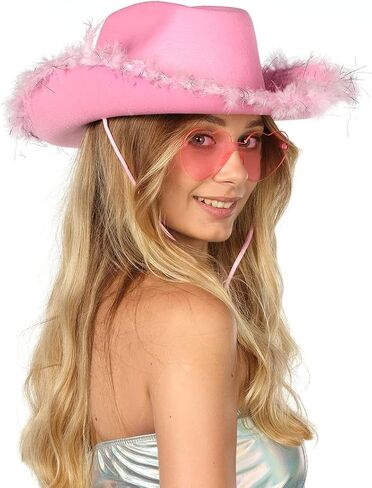 Funcredible St Patrick's Day Cowgirl Hat with Glasses - Halloween Cowboy Hat with Feathers - Cow Girl Costume Accessories - Fun Bride Western Rodeo Party Hats and Goggles for Women, Girls, and Kids in Saudi Arabia