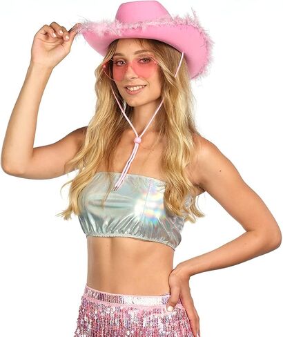 Funcredible St Patrick's Day Cowgirl Hat with Glasses - Halloween Cowboy Hat with Feathers - Cow Girl Costume Accessories - Fun Bride Western Rodeo Party Hats and Goggles for Women, Girls, and Kids in Saudi Arabia
