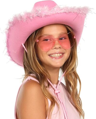 Funcredible St Patrick's Day Cowgirl Hat with Glasses - Halloween Cowboy Hat with Feathers - Cow Girl Costume Accessories - Fun Bride Western Rodeo Party Hats and Goggles for Women, Girls, and Kids in Saudi Arabia
