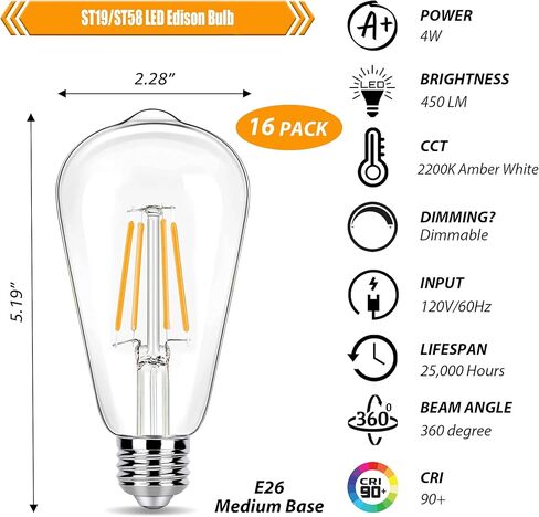 Dimmable LED Edison Bulbs 40 Watts Equivalent, 4 Watt LED Filament Bulb, 2200K Amber Light ST19 Light Bulb, 450LM E26 Vintage LED Bulbs for Light Fixtures 12 Pack in Kuwait