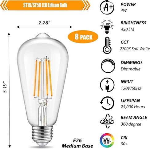 12 حزمة من مصابيح إديسون LED القابلة للتعتيم بقدرة 40 واط مكافئة، لمبة خيوط 4 واط، لمبة إضاءة ST19 بيضاء دافئة 2700 كيلو، 450LM E26 عتيقة لتركيبات السقف in Kuwait