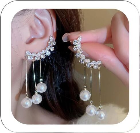 Rhinestone Pearl Drop Dangle Stud Earrings Ear Cuffs 14K Gold Long Pearl Drop Earrings Bridal Wedding Climber Cartilage Ear Wrap Prom Ball Ear Jewelry for Women Girls in Kuwait