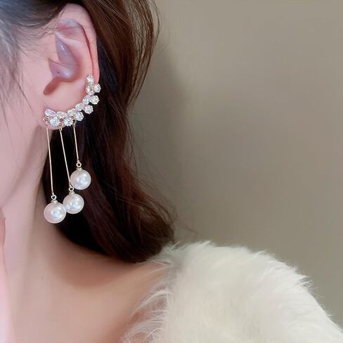 Rhinestone Pearl Drop Dangle Stud Earrings Ear Cuffs 14K Gold Long Pearl Drop Earrings Bridal Wedding Climber Cartilage Ear Wrap Prom Ball Ear Jewelry for Women Girls in Kuwait