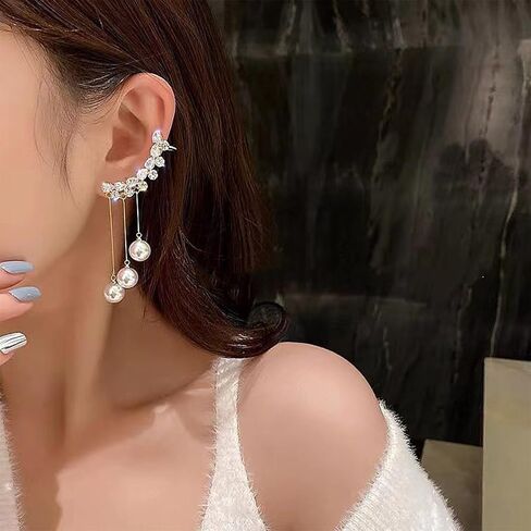 Rhinestone Pearl Drop Dangle Stud Earrings Ear Cuffs 14K Gold Long Pearl Drop Earrings Bridal Wedding Climber Cartilage Ear Wrap Prom Ball Ear Jewelry for Women Girls in Kuwait