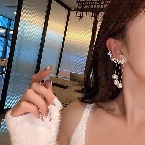 Rhinestone Pearl Drop Dangle Stud Earrings Ear Cuffs 14K Gold Long Pearl Drop Earrings Bridal Wedding Climber Cartilage Ear Wrap Prom Ball Ear Jewelry for Women Girls in Kuwait