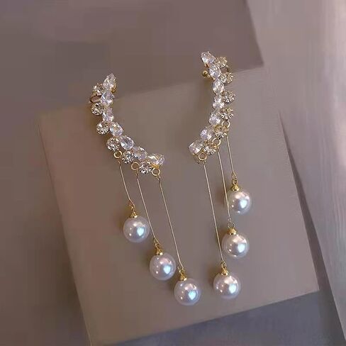 Rhinestone Pearl Drop Dangle Stud Earrings Ear Cuffs 14K Gold Long Pearl Drop Earrings Bridal Wedding Climber Cartilage Ear Wrap Prom Ball Ear Jewelry for Women Girls in Kuwait