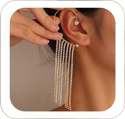 Rhinestone Pearl Drop Dangle Stud Earrings Ear Cuffs 14K Gold Long Pearl Drop Earrings Bridal Wedding Climber Cartilage Ear Wrap Prom Ball Ear Jewelry for Women Girls in Kuwait