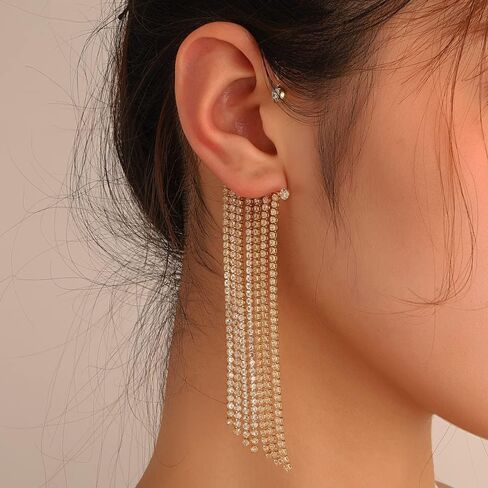 Rhinestone Pearl Drop Dangle Stud Earrings Ear Cuffs 14K Gold Long Pearl Drop Earrings Bridal Wedding Climber Cartilage Ear Wrap Prom Ball Ear Jewelry for Women Girls in Kuwait