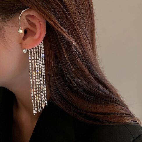 Rhinestone Pearl Drop Dangle Stud Earrings Ear Cuffs 14K Gold Long Pearl Drop Earrings Bridal Wedding Climber Cartilage Ear Wrap Prom Ball Ear Jewelry for Women Girls in Kuwait