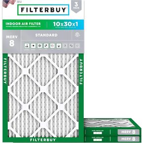 Filterbuy 10x30x1 Air Filter MERV 8 Dust Defense (3-Pack), Pleated HVAC AC Furnace Air Filters Replacement (Actual Size: 9.75 x 29.75 x 0.75 Inches)