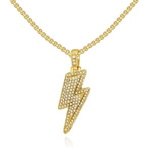 Bling Lightning Bolt CZ Iced Out Necklace for Men Boys,Fake Diamond Thick Cuban Link Chain Rapper Hip Hop Custume Jewelry 18K Gold/Platinum Plated with Sparkly Lightning Charms,gold in Kuwait