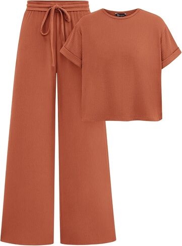 PRETTYGARDEN Women's Summer 2 Piece Knit Loungewear Short Sleeve T Shirts Wide Leg Pants Tracksuit Casual Outfits in Saudi Arabia
