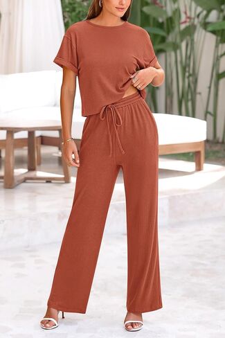 PRETTYGARDEN Women's Summer 2 Piece Knit Loungewear Short Sleeve T Shirts Wide Leg Pants Tracksuit Casual Outfits in Saudi Arabia