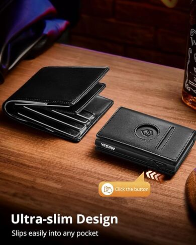 محفظة ايرتاج للرجال من يسيو، متوافقة مع ابل ايرتاج، محفظة جلدية ذكية بخاصية حجب تقنية تحديد الهوية بموجات الراديو، حامل بطاقات منبثق مع مشبك نقود ونافذة لبطاقة الهوية، اسود in Kuwait