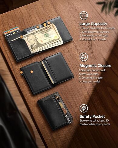 محفظة ايرتاج للرجال من يسيو، متوافقة مع ابل ايرتاج، محفظة جلدية ذكية بخاصية حجب تقنية تحديد الهوية بموجات الراديو، حامل بطاقات منبثق مع مشبك نقود ونافذة لبطاقة الهوية، اسود in Kuwait