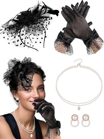 bonuci 4 قطع قبعة سوداء fascinator قبعة حفل الشاي 1950s الملحقات للنساء قفازات الدانتيل قصيرة مجموعة اللؤلؤ قلادة القرط للنساء الشاي حفل كوكتيل الزفاف عيد الهالوين in Saudi Arabia