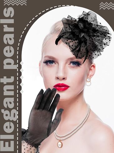 bonuci 4 قطع قبعة سوداء fascinator قبعة حفل الشاي 1950s الملحقات للنساء قفازات الدانتيل قصيرة مجموعة اللؤلؤ قلادة القرط للنساء الشاي حفل كوكتيل الزفاف عيد الهالوين in Saudi Arabia