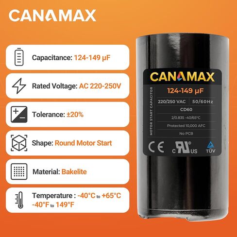 Canamax 124-149 فائق التوهج/MFD 220-250VAC مكثف بدء التشغيل الدائري - بديل لتشغيل محرك التيار المتردد أو تشغيل المروحة ومكيف الهواء البارد أو المضخة الحرارية in Saudi Arabia