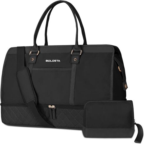Weekender Bag for Women Canvas Overnight Large Travel Bag with Shoe Compartment Carry on Luggage Sleeve Duffle Bag and Leather Shoulder Strap Perfect for Women Travel or Daily Use Black&white in Kuwait