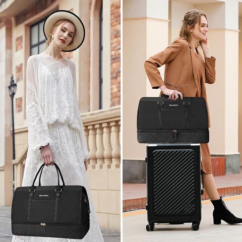 Weekender Bag for Women Canvas Overnight Large Travel Bag with Shoe Compartment Carry on Luggage Sleeve Duffle Bag and Leather Shoulder Strap Perfect for Women Travel or Daily Use Black&white in Kuwait