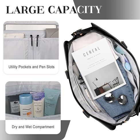 Weekender Bag for Women Canvas Overnight Large Travel Bag with Shoe Compartment Carry on Luggage Sleeve Duffle Bag and Leather Shoulder Strap Perfect for Women Travel or Daily Use Black&white in Kuwait