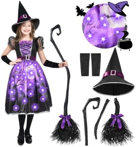 Spooktacular Creations Witch Costume for Girls, Purple Print Witch Costume, Light-up Witch Halloween Costume Dress Up in Saudi Arabia