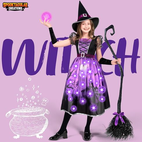 Spooktacular Creations Witch Costume for Girls, Purple Print Witch Costume, Light-up Witch Halloween Costume Dress Up in Saudi Arabia