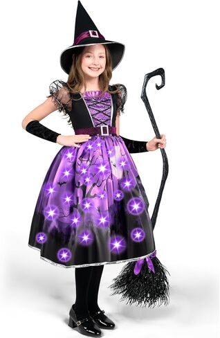 Spooktacular Creations Witch Costume for Girls, Purple Print Witch Costume, Light-up Witch Halloween Costume Dress Up in Saudi Arabia