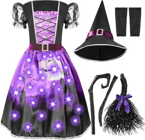 Spooktacular Creations Witch Costume for Girls, Purple Print Witch Costume, Light-up Witch Halloween Costume Dress Up in Saudi Arabia