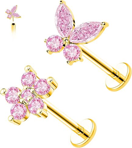 VERAMI 16G Surgical Steel Pushin Lip Rings Butterfly Flower Bee Nose Stud Rings Top Push in Threadless Flat Back Nose Rings Studs Cartilage Earrings for Womens in Kuwait
