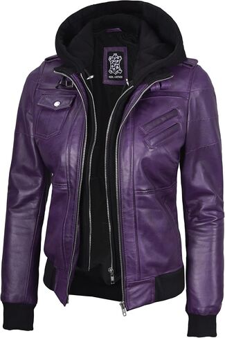 fjackets Womens Leather Jacket - Real Lambksin Bomber Leather Jacket Women With Removable Hood in Kuwait
