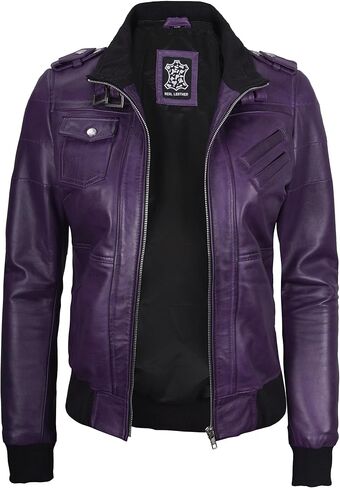 fjackets Womens Leather Jacket - Real Lambksin Bomber Leather Jacket Women With Removable Hood in Kuwait