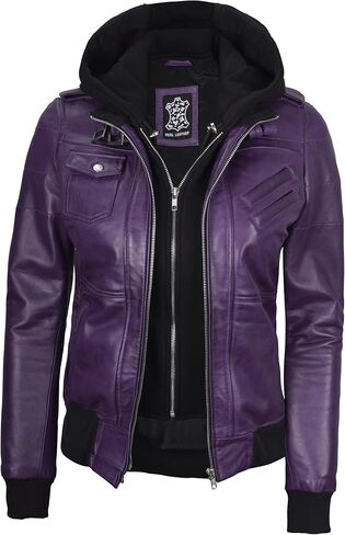 fjackets Womens Leather Jacket - Real Lambksin Bomber Leather Jacket Women With Removable Hood in Kuwait
