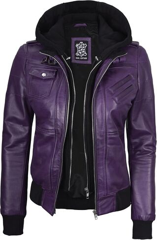 fjackets Womens Leather Jacket - Real Lambksin Bomber Leather Jacket Women With Removable Hood in Kuwait