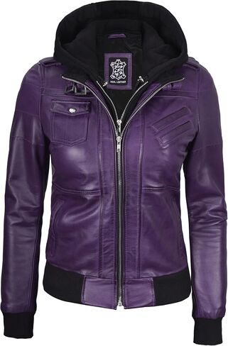 fjackets Womens Leather Jacket - Real Lambksin Bomber Leather Jacket Women With Removable Hood in Kuwait