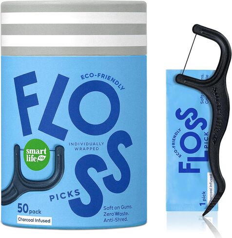 Individually Wrapped Dental Floss Picks - Biodegradable Plastic Free Flosser Handle & Packaging | Natural Toothpick Stick Soft On Gums & Teeth | Eco Friendly, Zero Waste, Organic | Unflavored, 50x in Kuwait